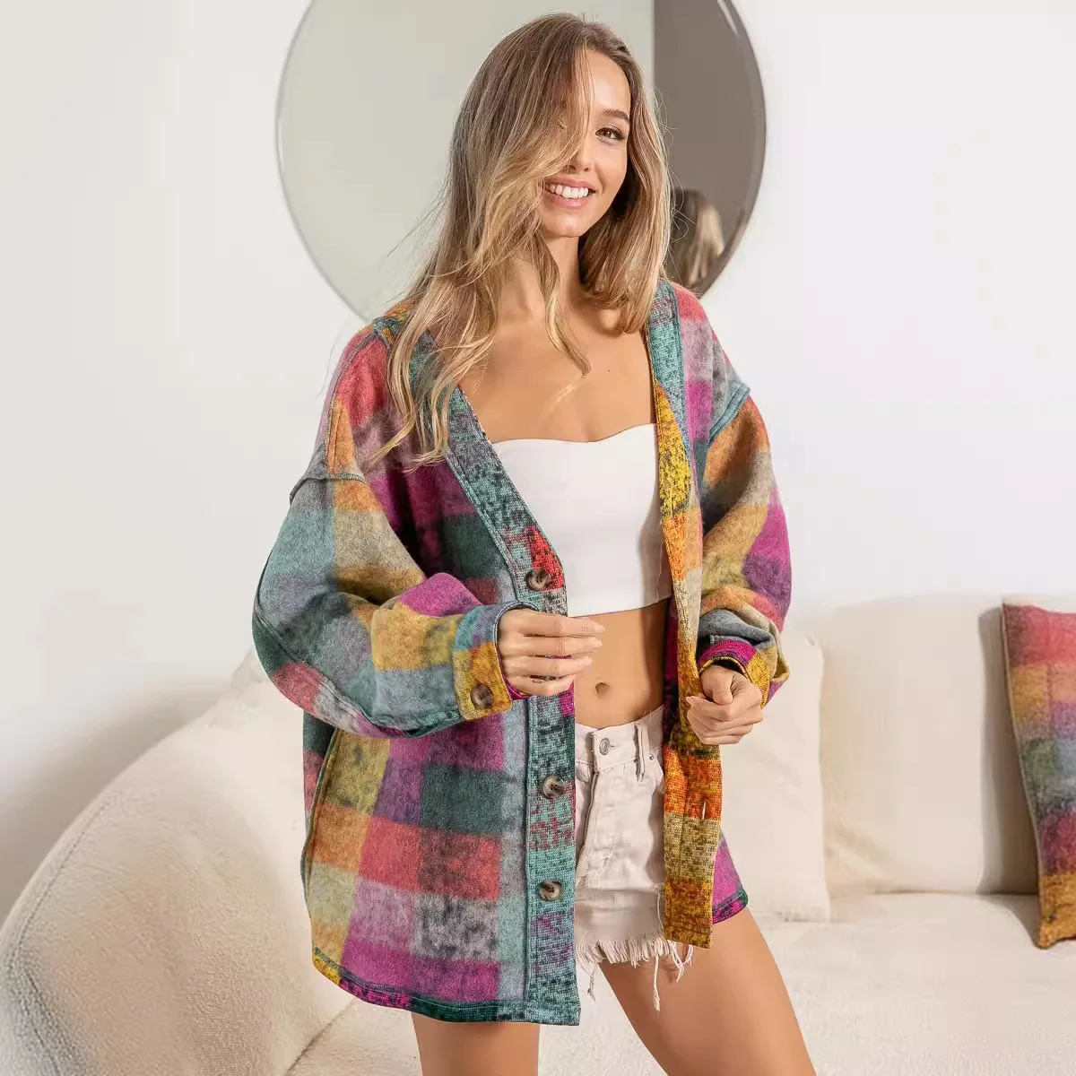 Personalized Long Sleeve Plaid Loose Coat V Neck Button Color Block Shacket Jacket For Women_voghion.com