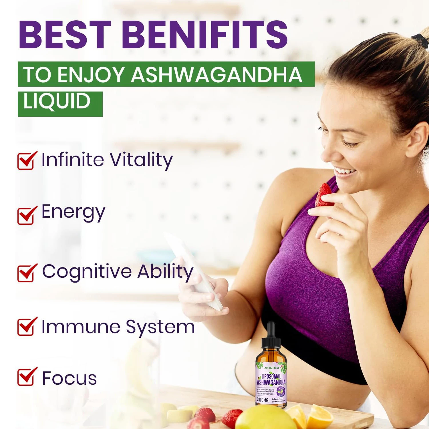 Free Sample Liquid Ashwagandha KSM 66 Root Extract Cognitive Function and Focus Booster Drops for Adults