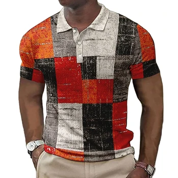 Men's fashion T-shirt waffle print tops casual polo shirt commuter button down shirt men's shirt color blocking short-sleeved