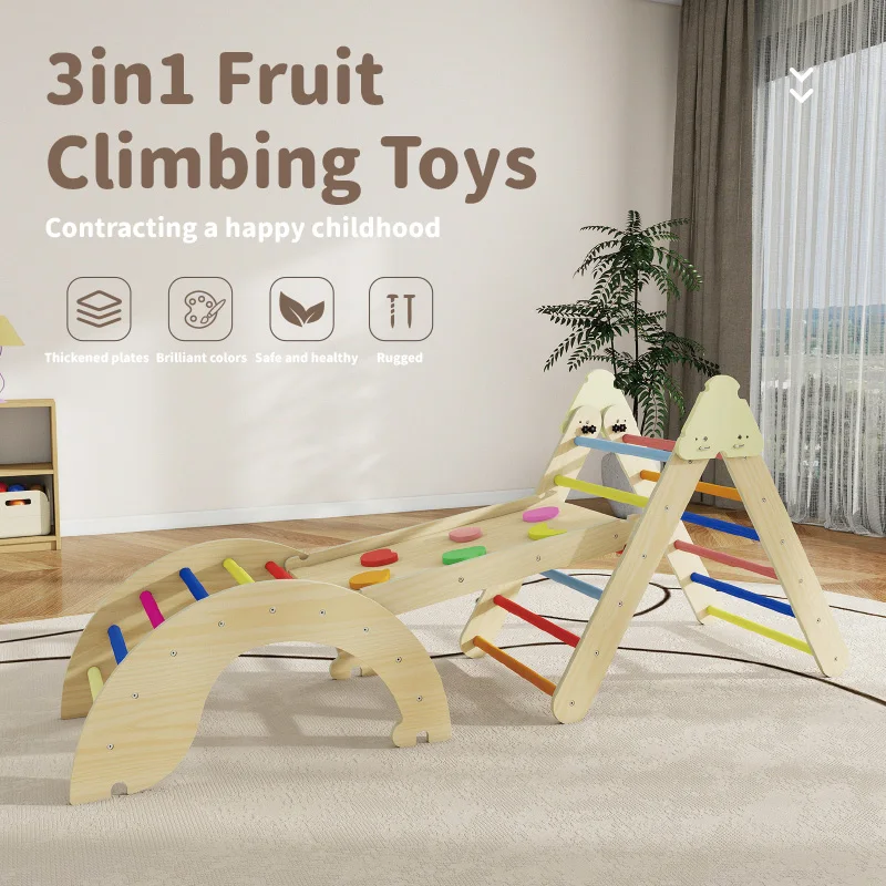 Drewniany zestaw do wspinaczki Montessori w kształcie trójkąta z łukiem i pochylnią dla małych dzieci – wewnętrzna strefa aktywności i zabaw, plac zabaw typu jungle gym