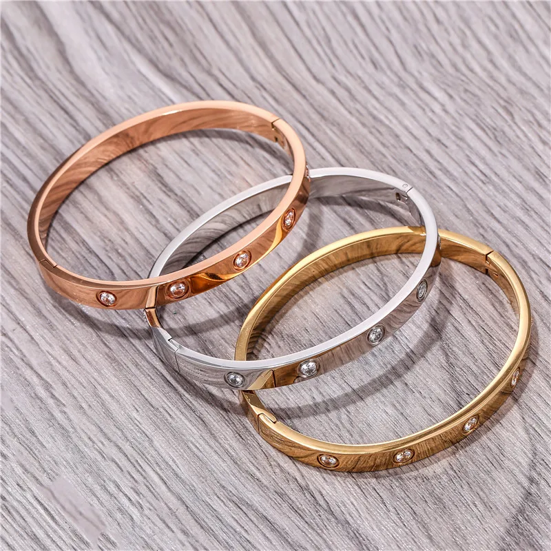 Gold Plated Paved Rhinestone Stainless Steel Bangle Bracelet Dainty Minimalist Jewelry for Men Gift Wholesale Supplies
