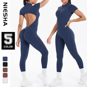 Women's Peach Butt Sports Jumpsuit Quick Dry Yoga Bodysuit Hollow Back Seamless Design Spandex/Nylon Short Sleeve Half-Zip
