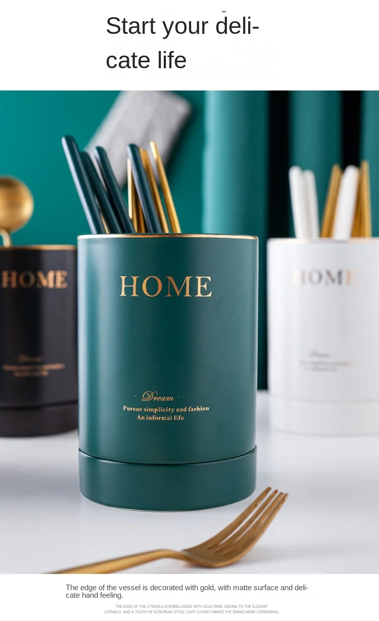 Home Goods Matte Glazed Table Gold Rim Ceramic Chopsticks Spoon And Fork Cutlery Holder