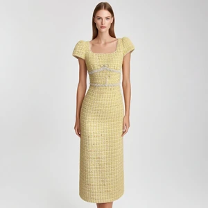 Custom Chic Short Sleeve Square Neck Yellow Tweed Midi Dress for Women