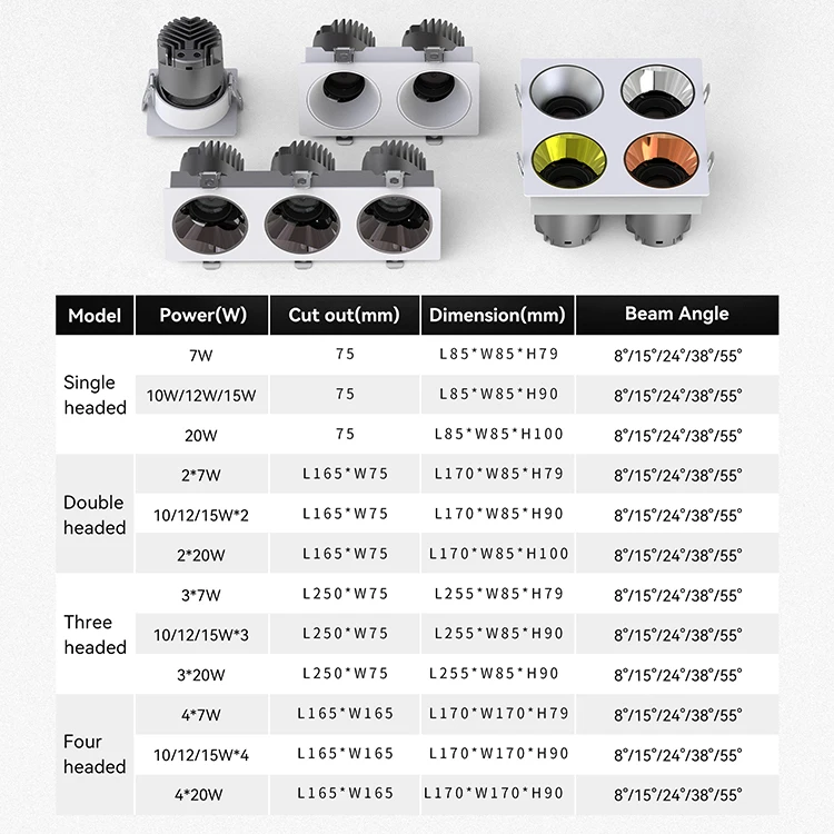 Led Multi-Colored Recessed Spot Light Cover Square Shape Types Ceiling Square Light Frame Plaster in Downlight Black Spotlight