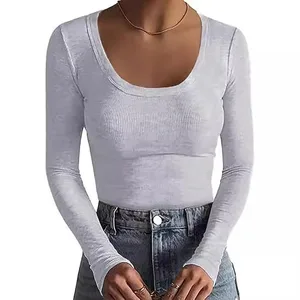Summer Women's Threaded Round Neck Long Sleeved Fashionable Casual Sexy Slim Fit T-shirt