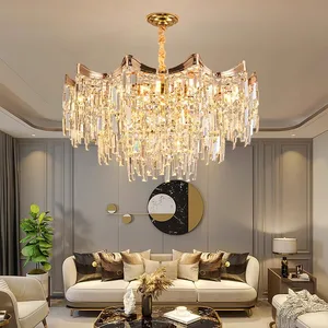 Modern Luxury Art Decor Gold K9 Crystal Chandelier Adjustable Height Dimmable E14 Pendant Lights Restaurant Bedroom Living Room