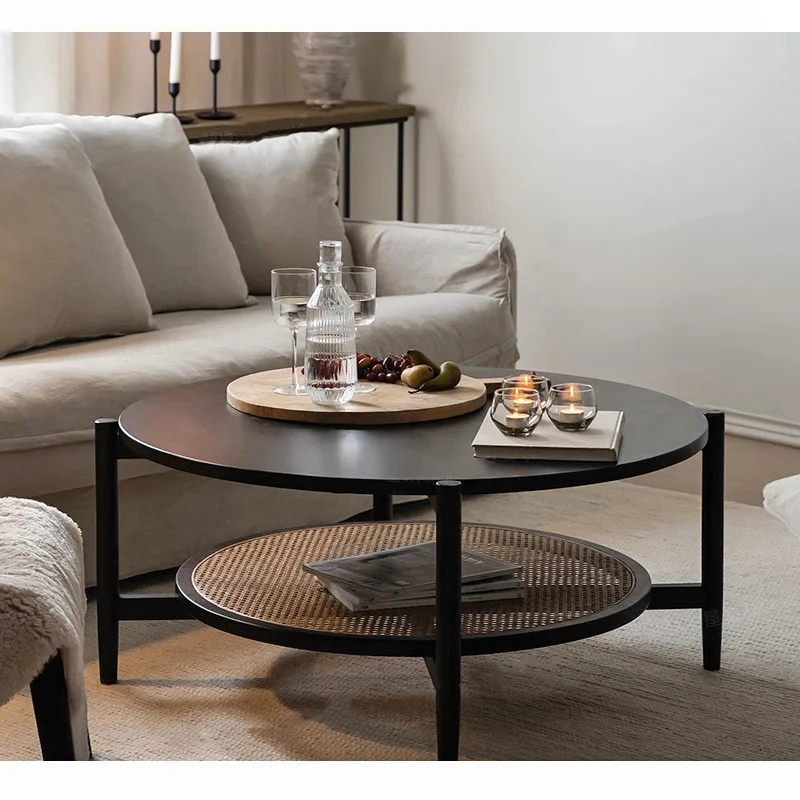 Dreamhause Japanese Solid Wood Round Coffee Table Rattan Tea Table Home ...