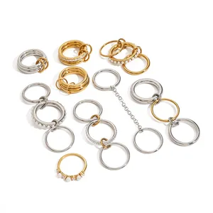 Trendy Unique 18K Gold Plated Stainless Steel Linked Band Ringer Ring Middle Finger Pearl Zirconia Stacking Rings