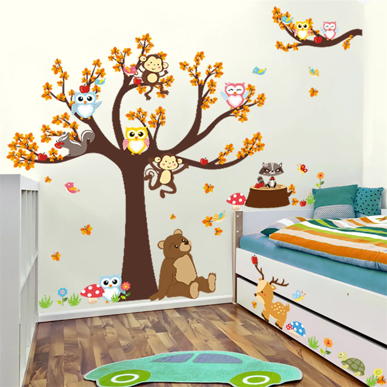 Cartoon Forest Tree Branch Animal Owl Monkey Bear Deer Wall Stickers for Kids Rooms Boys Girls Children Bedroom Home Decor