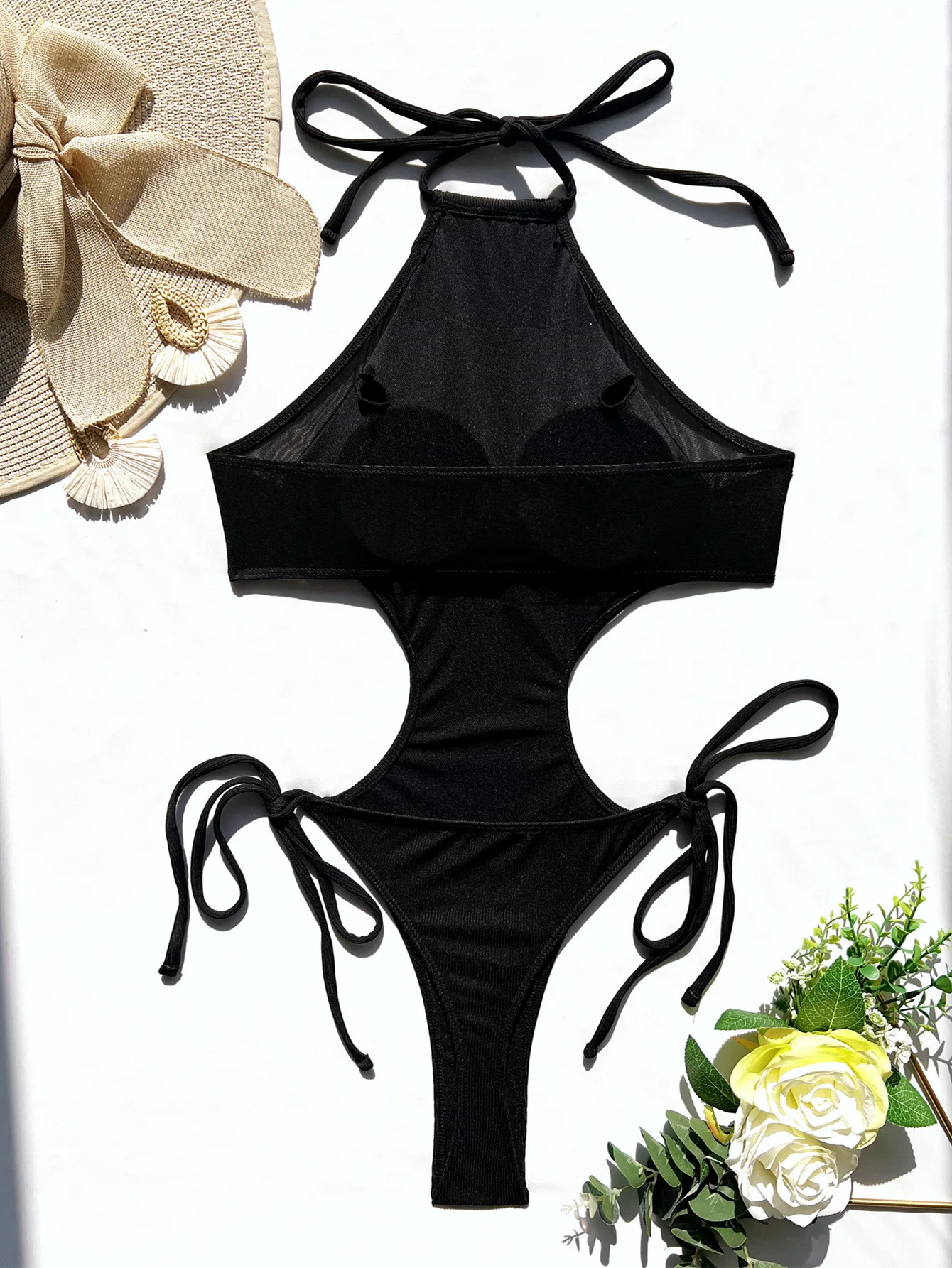 2023 New Design Rib Fabric Black Sexy One Piece Thong Swimsuit Buy