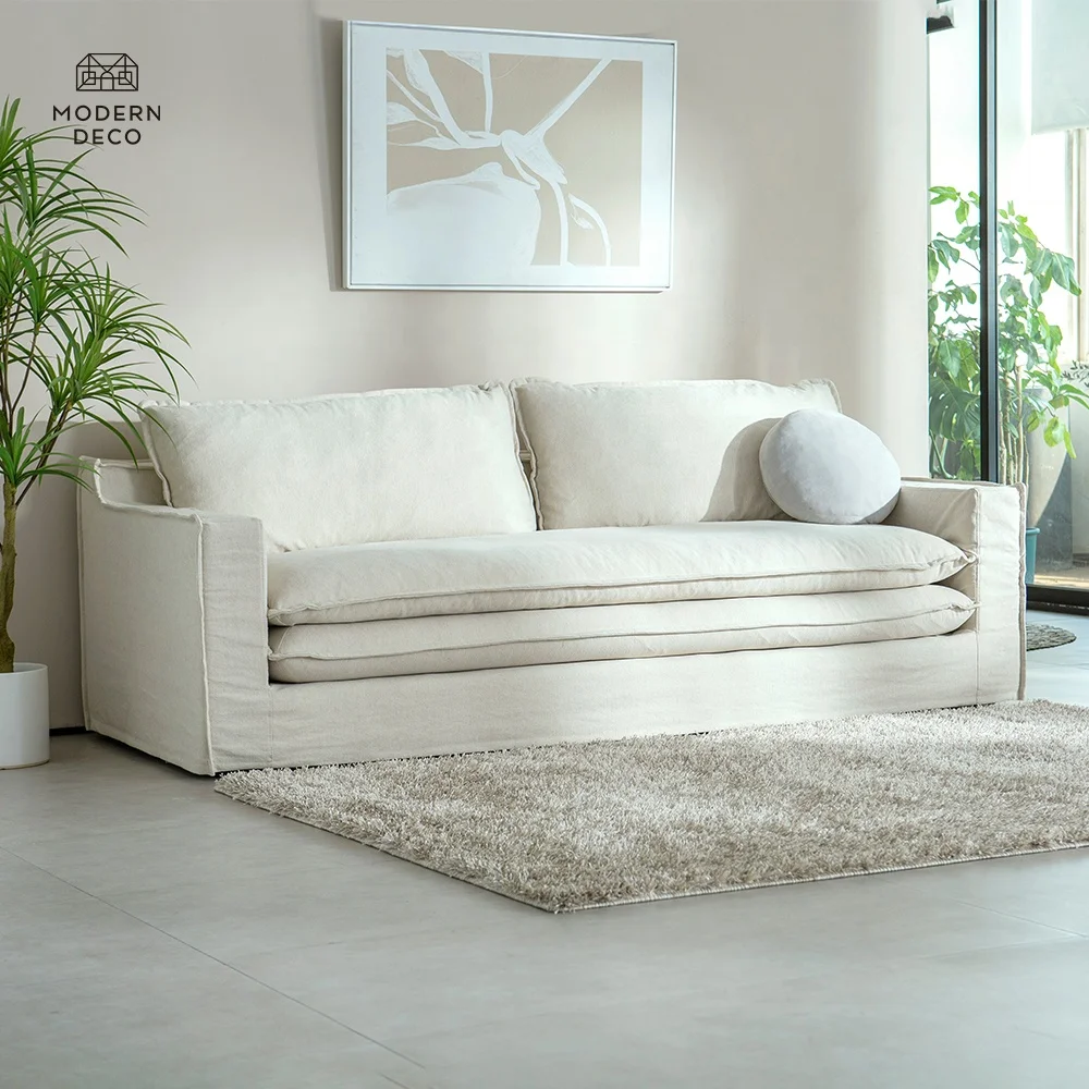 Feather Sofa Duck Down Filled Couch Modern Linen 3 Seater Wabi Sabi Hygge
