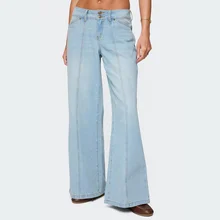 Vintage Fade Women's Flare Jeans Double Buttons No Back Pocket Denim Pants Light Blue Washed Panel Stitch  Denim Jeans