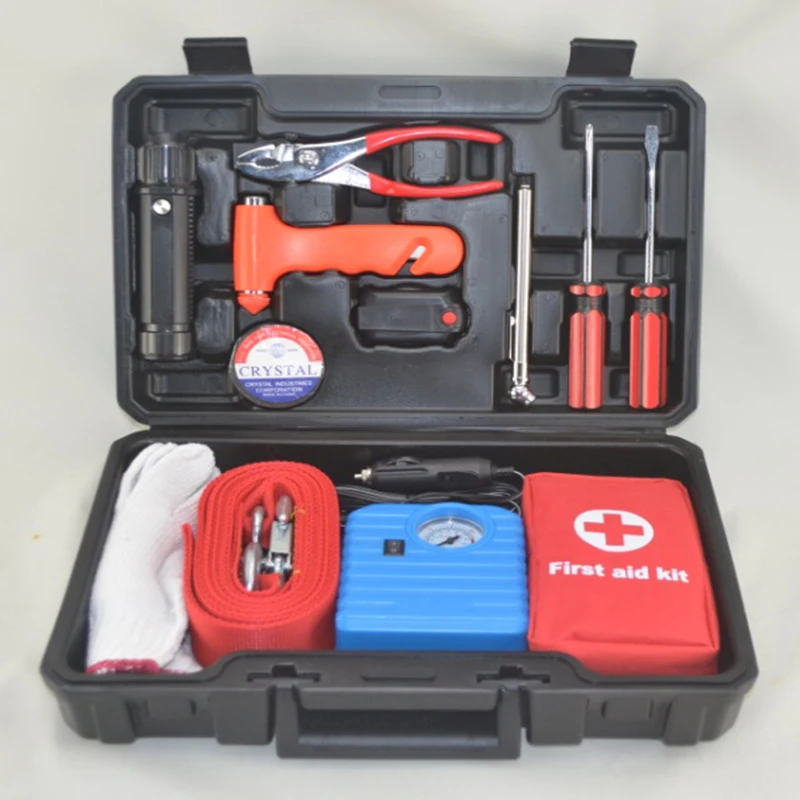 Auto Car Emergency Tool Kit Tool Box Air Pump Booster Cable Tow Rope with Flashing Warning