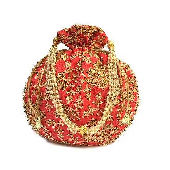 Bollywood Style Gold Silk Potli Bag Indian Wedding Party Clutch Drawstring Pouch 