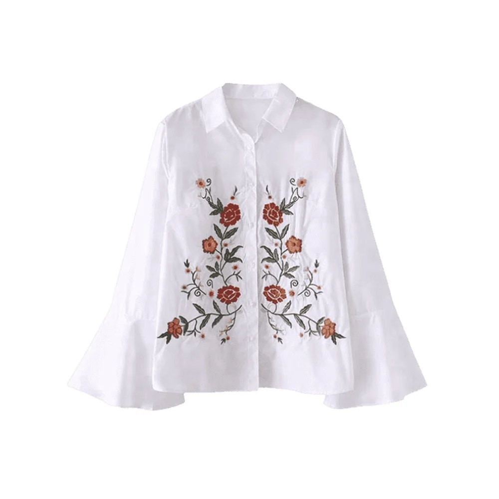 Lady Button Down Flared Cuffs Details Long Sleeve  Women Flower Embroidered Shirt Custom Designs
