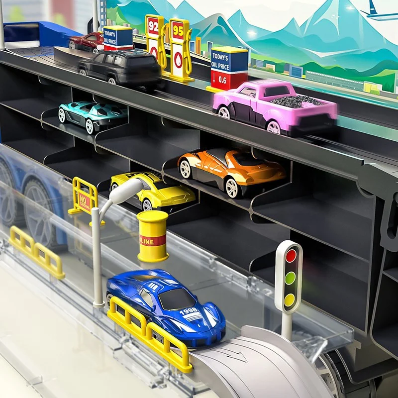 Samtoy Slide Foldable Ejection Track Transport Diecast Model Construction Toy Cars Set Container Truck Toy With 10 Alloy Cars