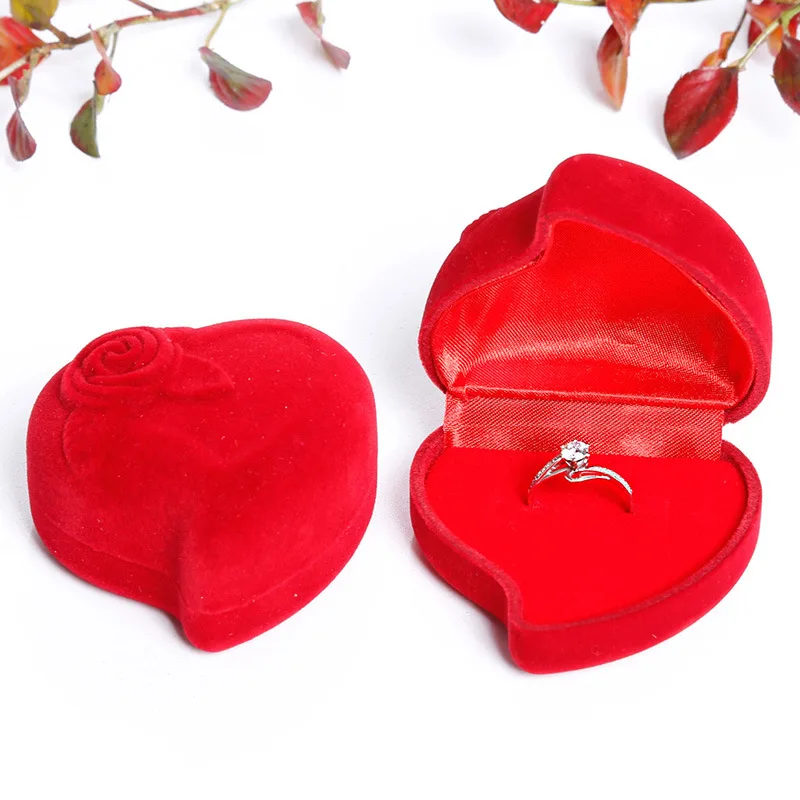 Red Heart Shape Velvet Ring Box Perfect Engagement Gift
