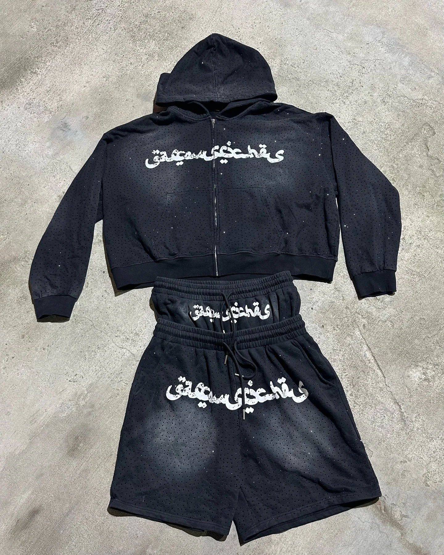 Custom Cotton Full Rhinestone Zip up Hoodie and Shorts Set Sun Faded Double Waisted Baggy Acid Wash Sweat Shorts Set for Men gallery 3