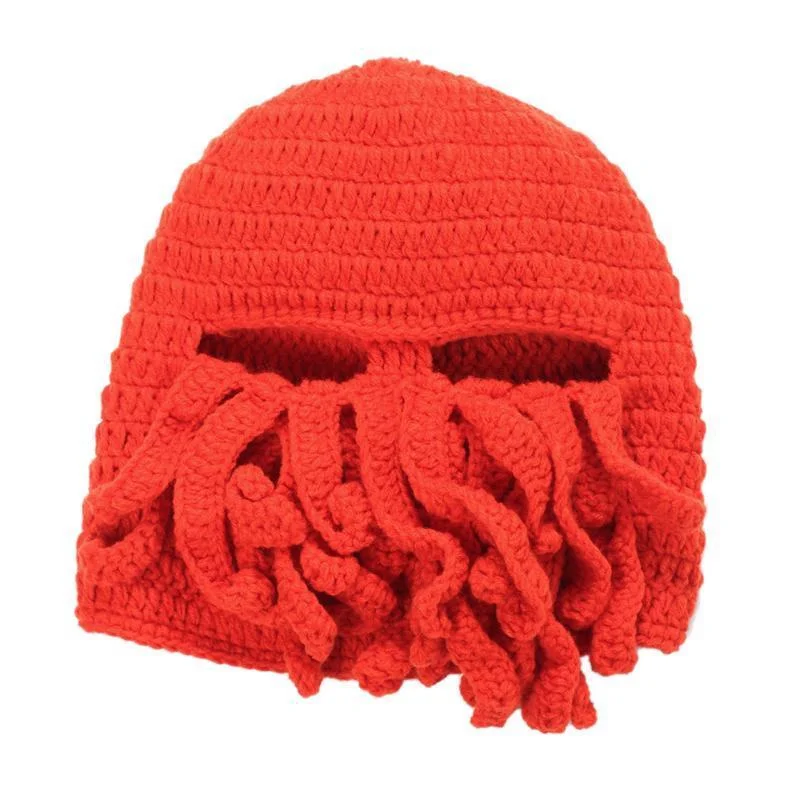 Green Hand Knit Cthulhu Ski Mask with Beard - Unisex Crochet