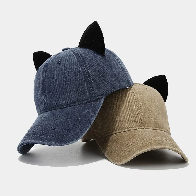 New Original Distressed Dad Hat With Lovely Cat Ear Baseball Cap for Women Vintage Washed Denim Bunny Ear Baseball Cap Gorras