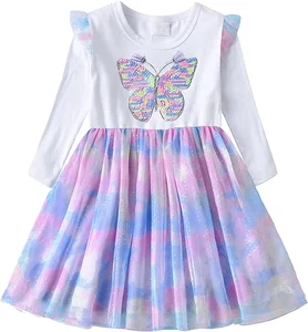Wholesale Customization Long Sleeve Sequined butterfly Girls Dresses 2-12 Children Clothing