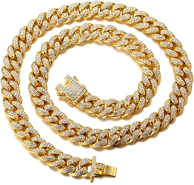 18k Gold Finish Iced Out Hip Hop CZ Miami Cuban Chain Necklace Thick Miami Cuban Link Chain Hip Hop Necklace