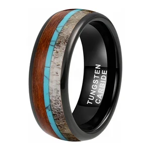 Coolstyle Jewelry 8mm Black Tungsten Carbide Ring for Men Women Wedding Band Deer Antler Koa Wood Turquoise Inlay Comfort Fit