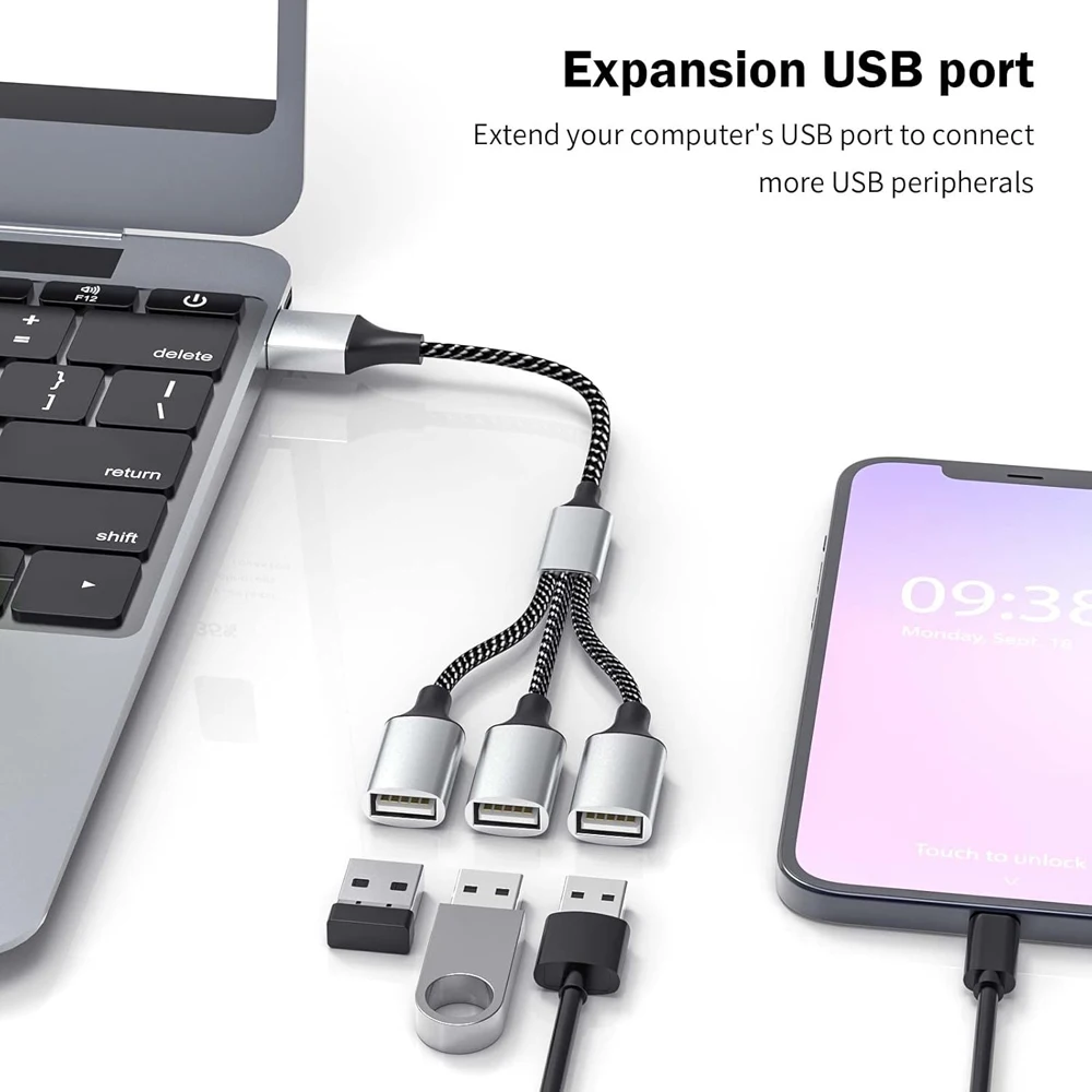 3 in 1 USB Male to USB Female Splitter Data and Charger Power Branch Adapter 3USB Extension Cable for Laptop Tablet Flash Drive