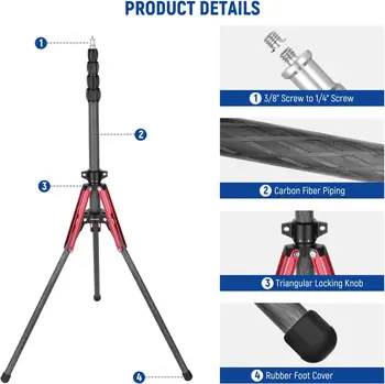 NEEWER Light Stand Carbon Fiber with 180 Reversible Legs, 1/4" to 3/8" Screw Adapter and Bag, 86.5"/220cm Portable Travel detail image