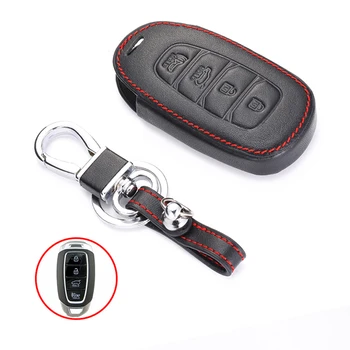 Leather Car Key Case For Hyundai Kona 2018 2019 Santa Fe TM 4 Buttons Smart Prox Keyless Remote Key Fob Cover Keychain Protector