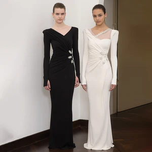 ZYHT 73908 Off the Shoulder High Neck V Neck Dark Green Black White Comfortable Silk Satin Women Simple Crystal Evening Dress