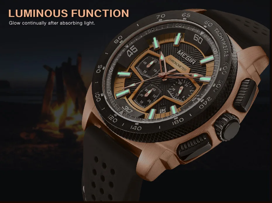 Megir 2056 Multi-function Chronograph Quartz Movement Luxury Black Men's Wristwatch Sports Silicone Fashion Watch Quartz Watches