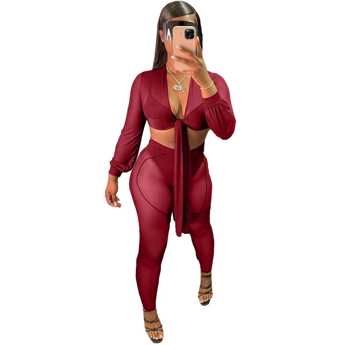 Sexy Sheer Mesh Two Piece Top Pants Sets Birthday Club Outfits for Women  Festival Clothing See Through Piece Matching Sets