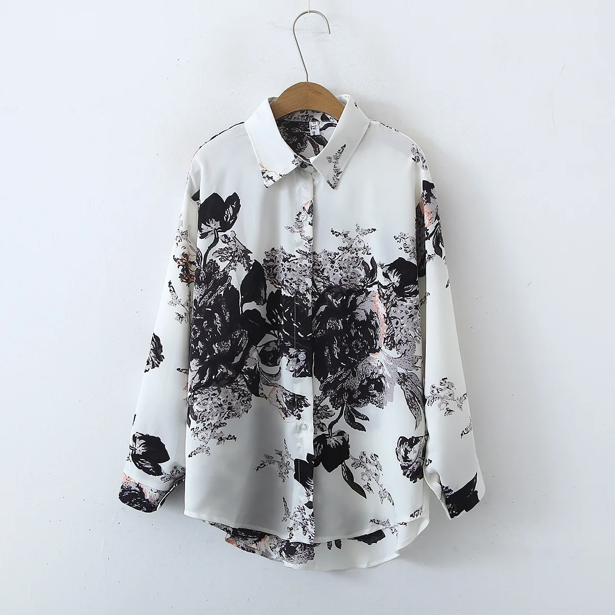 Ladies Tops Korean Retro Simple Tie Dye Printed Long Sleeve Satin Blouse Woman