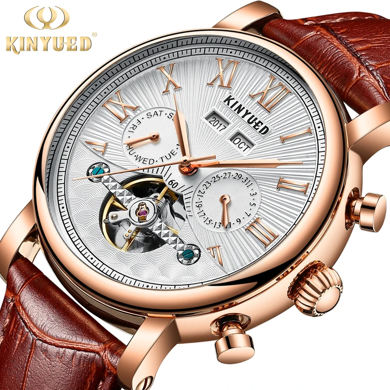 Kinyued J022 Customized Logo Automatic Men Watches Leather Calendar Mechanical Watch