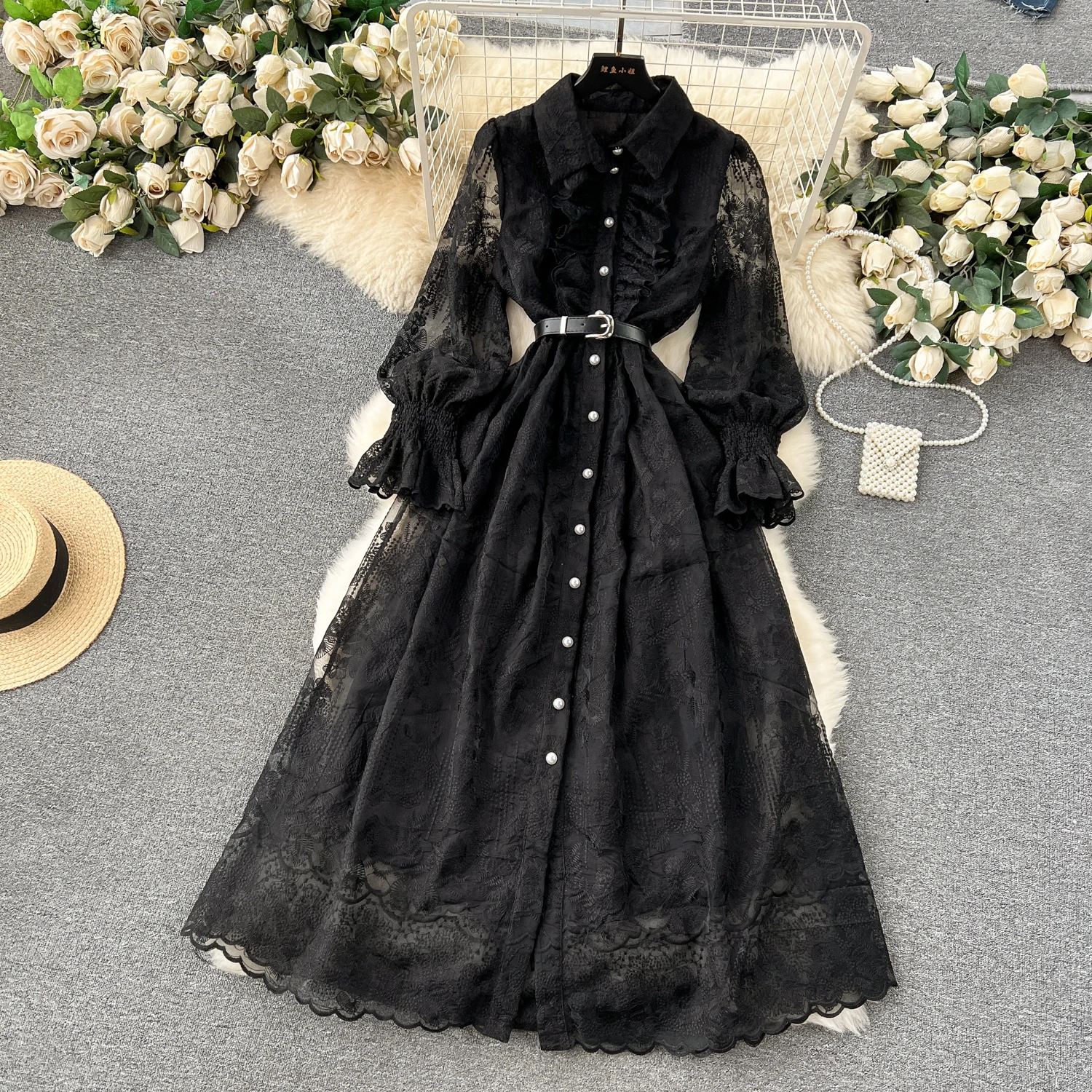 LE2360 Wholesale Vintage Solid Socialite Party Holiday Lace Long A-Line  Dress Woman Elegant Chic Embroidery Ruffled Collar Maxi