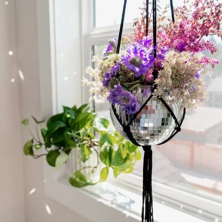 Glitter Ball Hanging Planter With Chain And Macrame Hanger Decoration