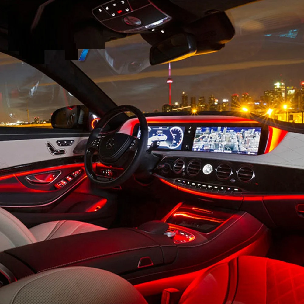 Оптовая продажа с завода, дистанционное управление через приложение, 64 осветительных приборов, Светодиодная лента RGB, декоративное освещение для автомобиля, комплект оптического волокна, атмосферное освещение для автомобиля