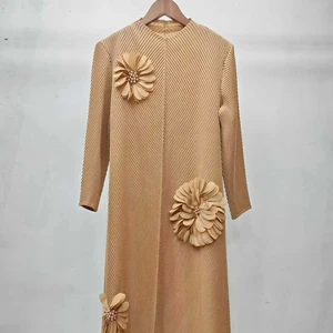 Muslim Long-sleeved Full-length Pleated Dress Manufacturer - in Stock - Solid Color Embroidered Miyake Pleated Dress