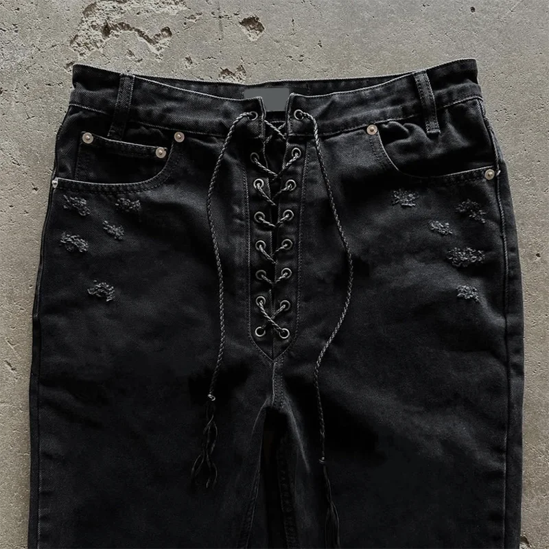 EDGE DENIM Custom Black Rope Shoelace Designer Bootcut Flare Jeans Men