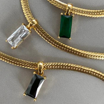Vintage Snake Chain Square Gemstone Necklace Stainless Steel Jewelry 18 K Gold Custom Crystal CZ Zircon Necklace
