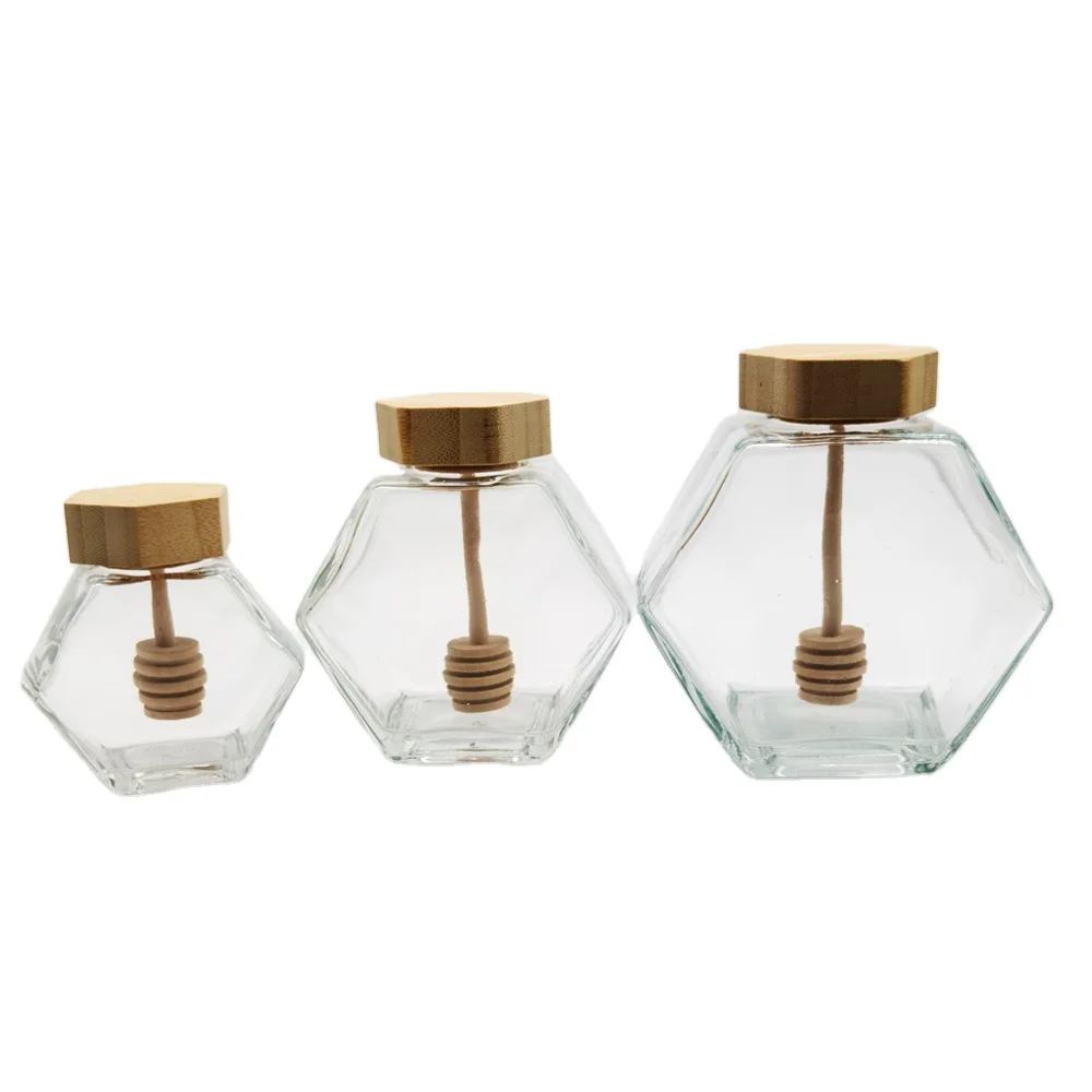 100ml 250ml 430ml Hexagonal Glass Honey Jar with Wooden Lid
