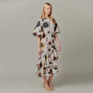 Clothing Manufacturer Custom Spring Summer Crew Neck Short Sleeve Elegant Casual Watercolor Print Linen Midi Women Dress