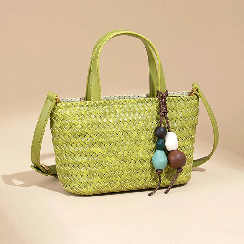 2026 New Summer Macaron Market Woven Tote Bag Trendy Versatile Shoulder Crossbody Bag PU Leather Fashion Unique Beach Vacation