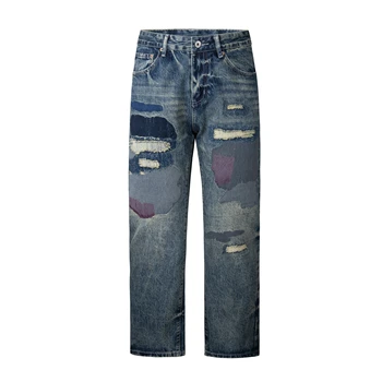 Summer American Style Hole Patched Jeans Men  Washed Loose Street Splash Paint Straight Small Leg Pants Man