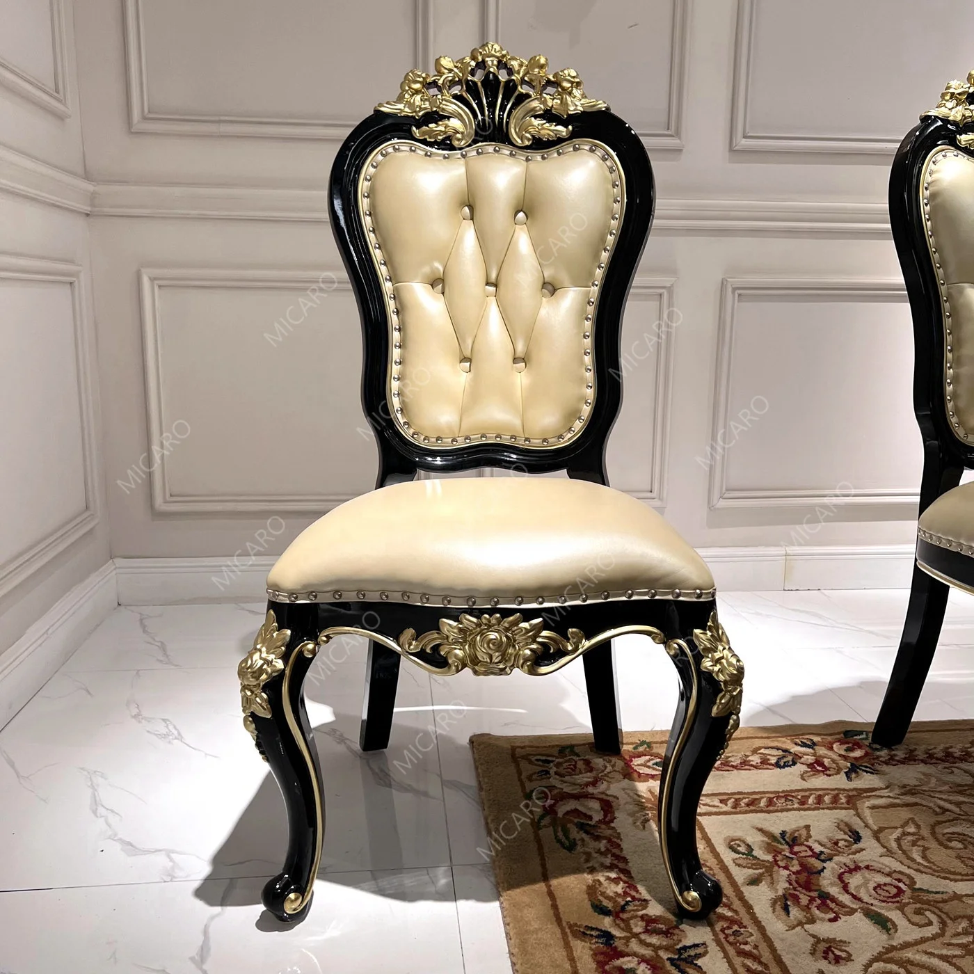 French Model Latest Design of Ebony Black Color Marble Top Wooden Antique Dining Table with 6 Chairs