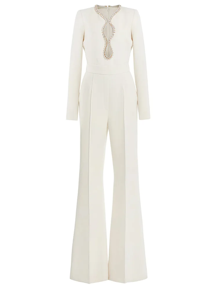 Wholesale Ladies Jumpsuits with Beaded Cutout White Plus Size Long