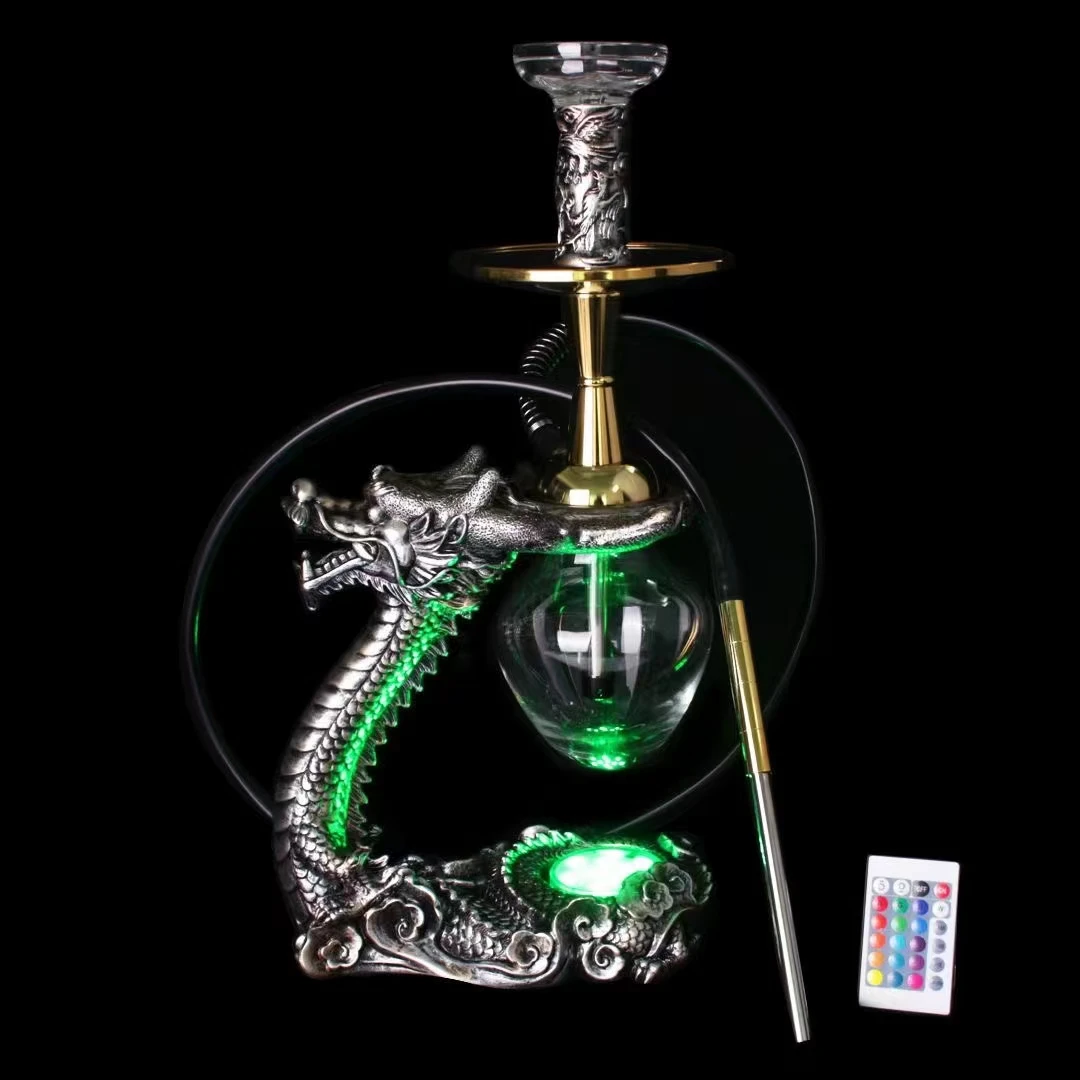New Design Dragon Shape Hookah Set Luxury Shisha with Glass Vase Led Light Hookah Chicha Metal Shisha Dragon Hookah