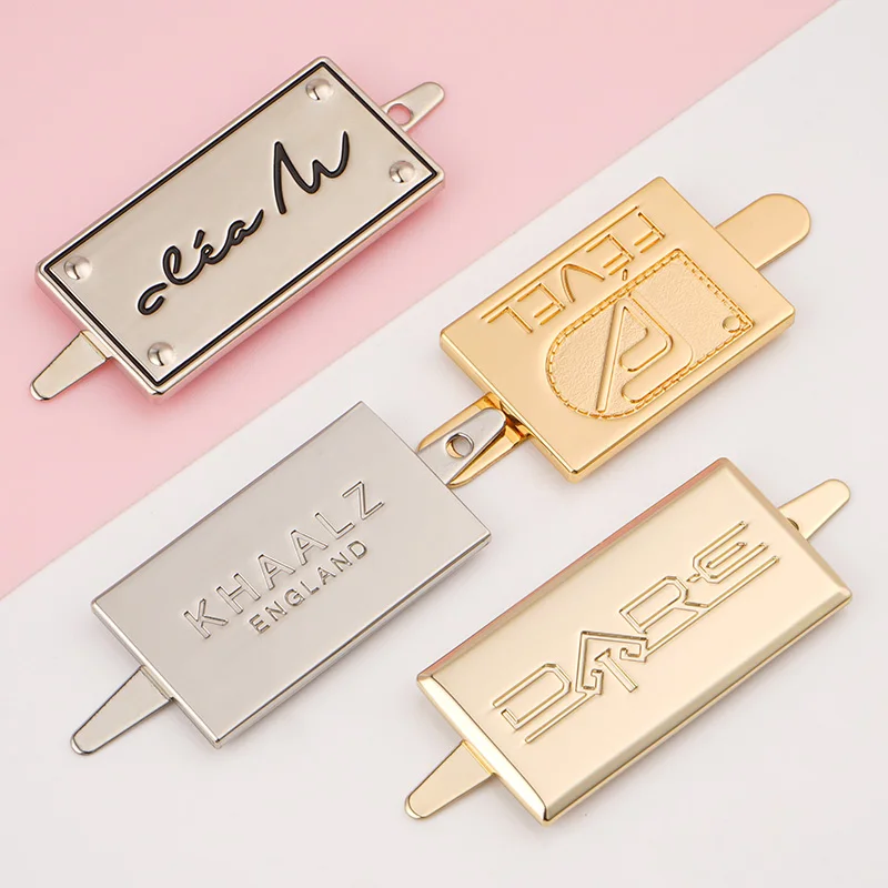 Custom Triangle Shape Golden Metal Name Tag with Black Logo for Bags